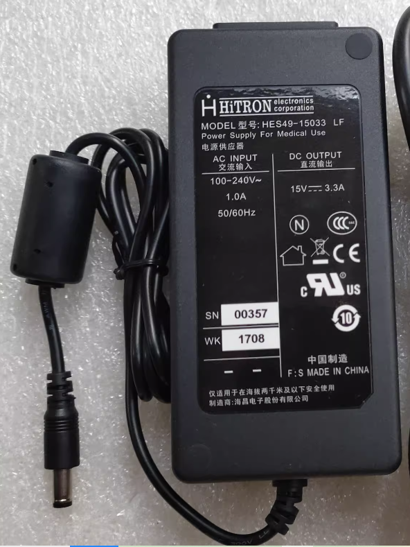 New HiTRON HES49-15033 LF 15V DC 3.3A 5.5 X 2.1mm POWER SUPPLY FOR MEDICAL USE